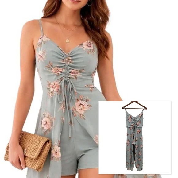 Three Pink Hearts Dresses & Skirts - Three Pink Hearts Womens XS Floral Romper Dress Hi Low Overlay Sage Green *Flaw